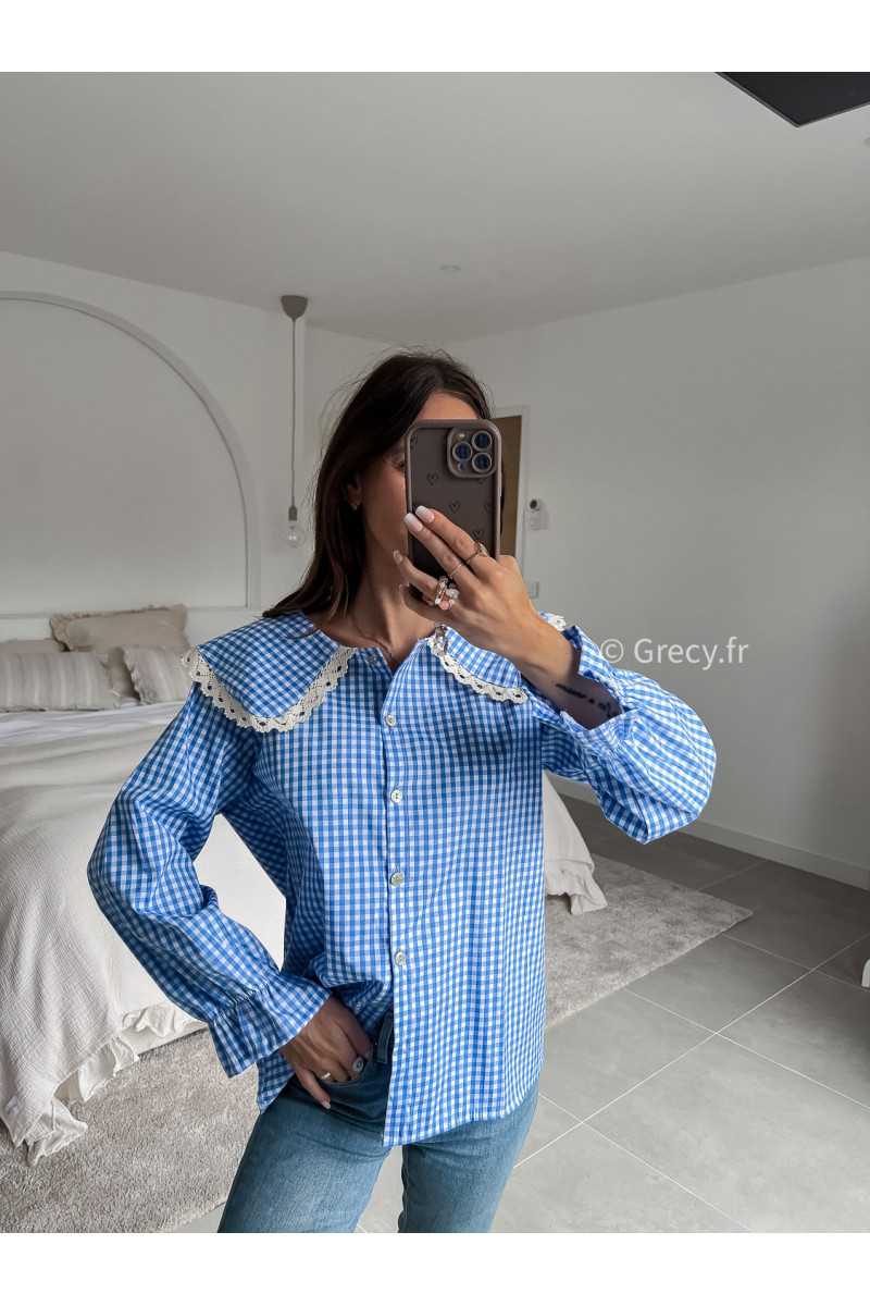 chemise vichy carreaux bleu blanc col claudine broderies dentelles été printemps 2025 mode grecy tendance look