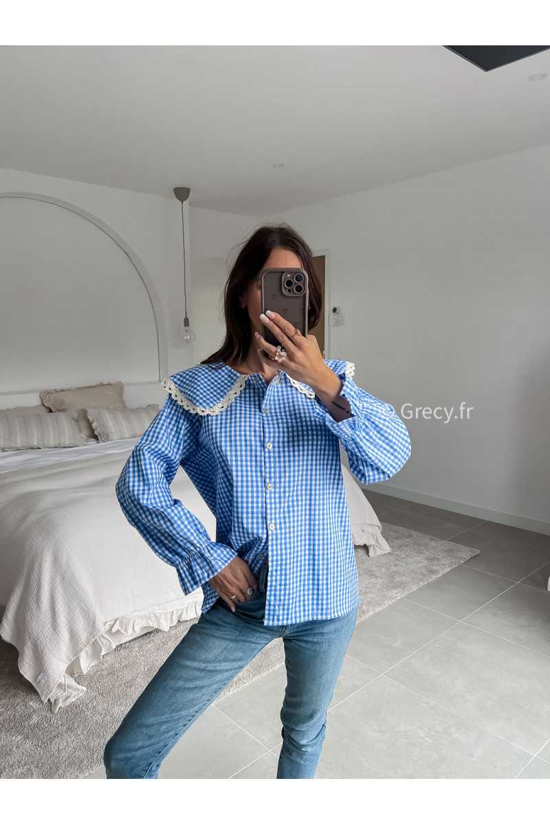 chemise vichy carreaux bleu blanc col claudine broderies dentelles été printemps 2025 mode grecy tendance look