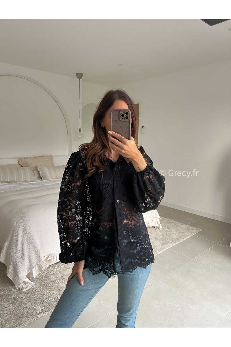 chemise blouse noire manches longues broderies dentelles été printemps 2025 mode grecy tendance look