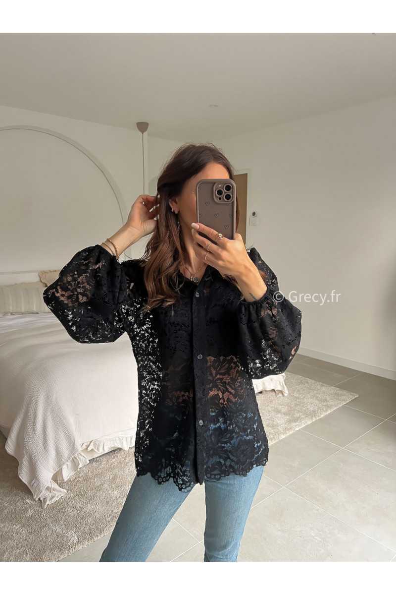 chemise blouse noire manches longues broderies dentelles été printemps 2025 mode grecy tendance look