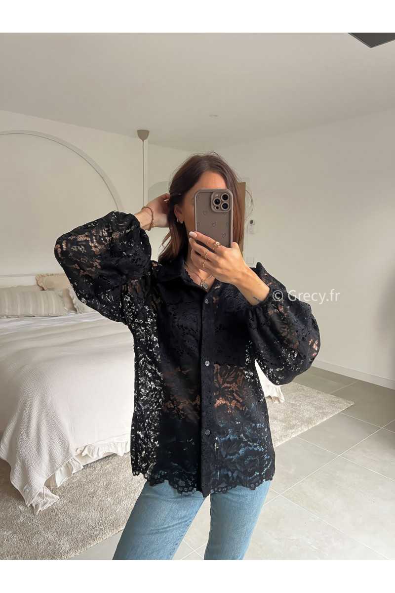 chemise blouse noire manches longues broderies dentelles été printemps 2025 mode grecy tendance look