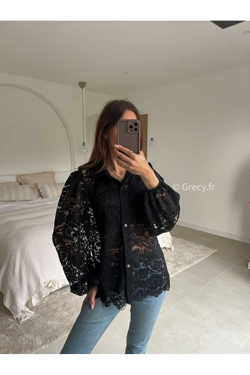 chemise blouse noire manches longues broderies dentelles été printemps 2025 mode grecy tendance look