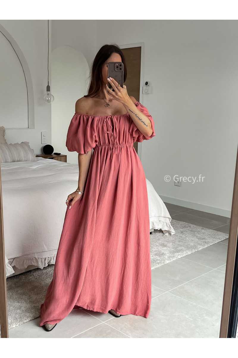 Robe longue terracotta manches ballon courtes été printemps 2025 mode grecy tendance look