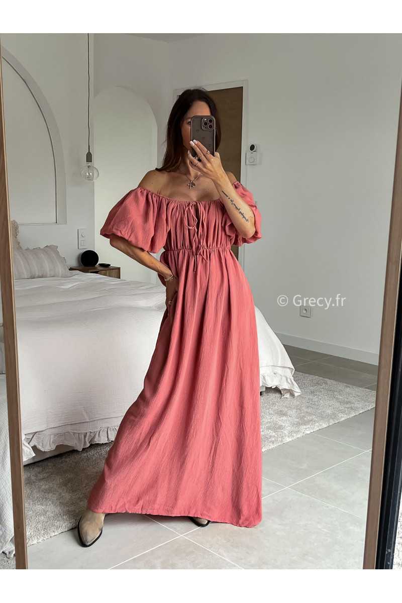 Robe longue terracotta manches ballon courtes été printemps 2025 mode grecy tendance look