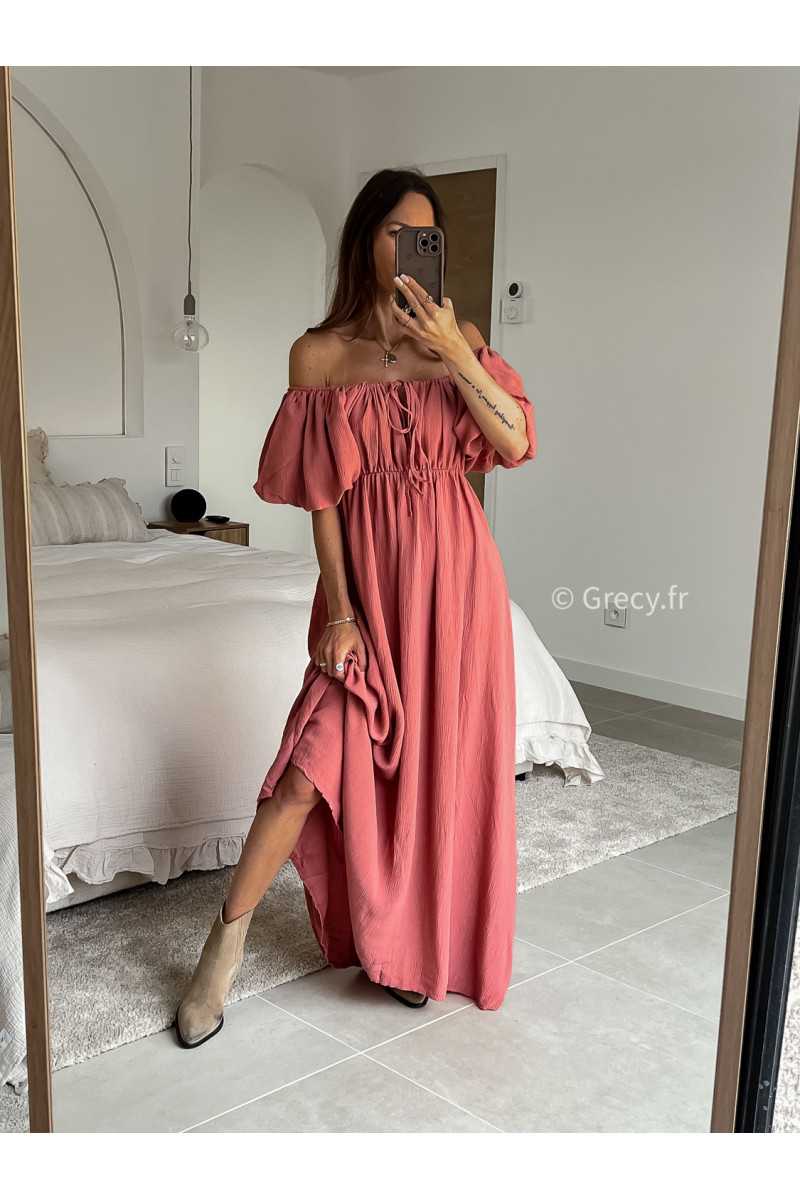 Robe longue terracotta manches ballon courtes été printemps 2025 mode grecy tendance look