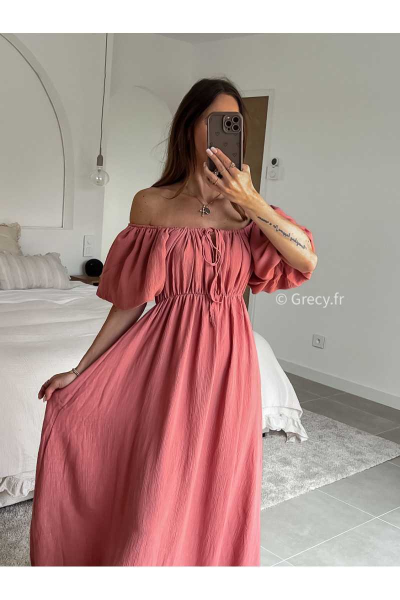Robe longue terracotta manches ballon courtes été printemps 2025 mode grecy tendance look