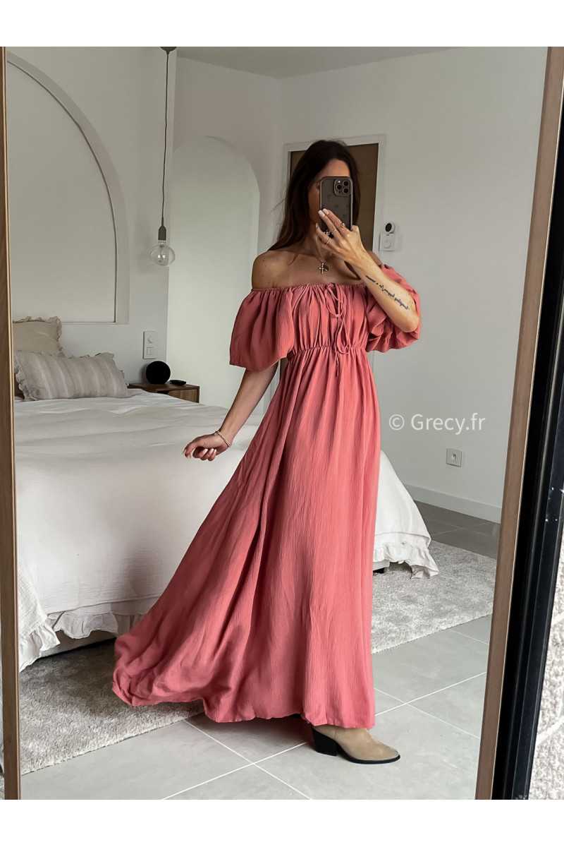 Robe longue terracotta manches ballon courtes été printemps 2025 mode grecy tendance look