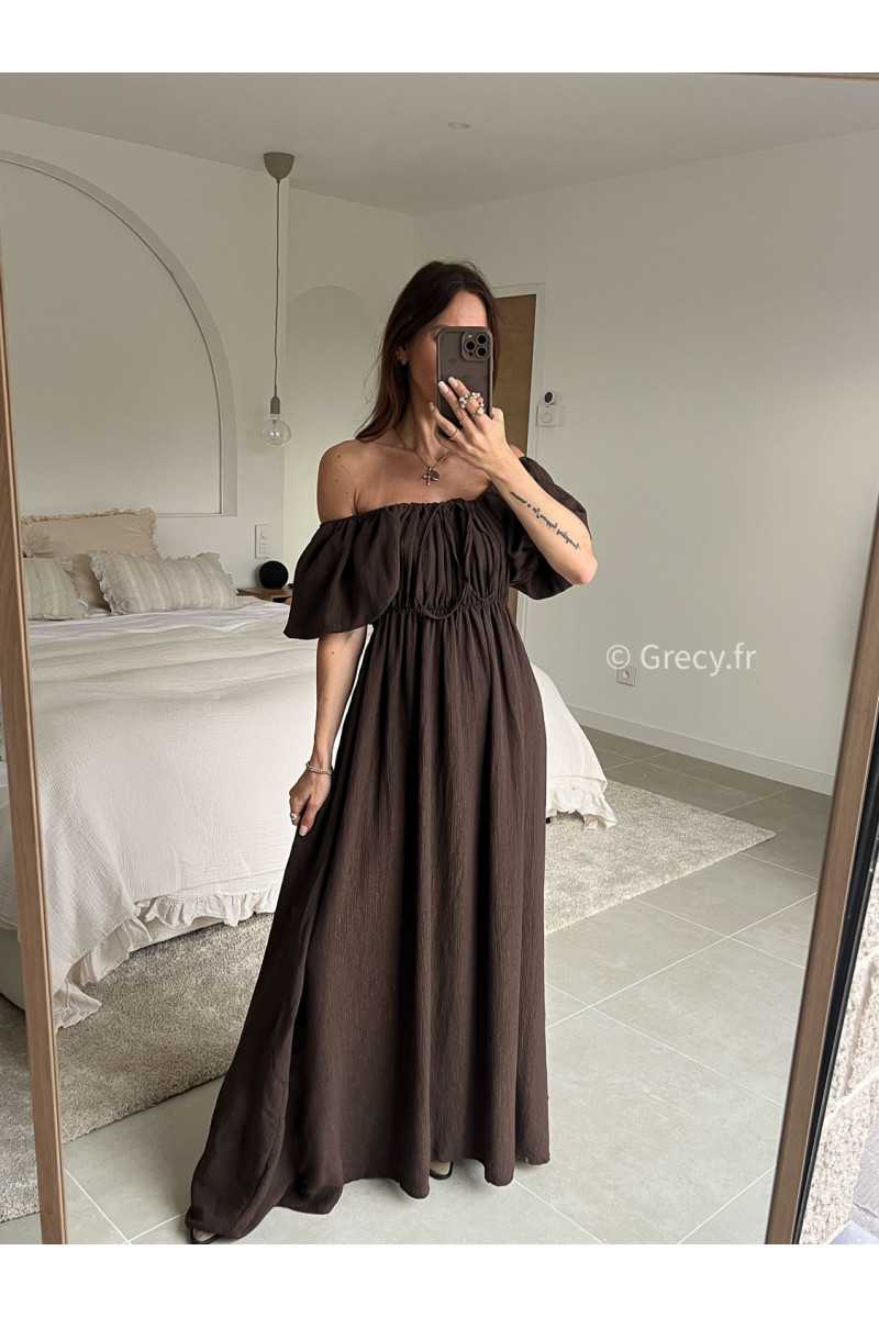 Robe longue marron chocolat manches ballon courtes été printemps 2025 mode grecy tendance look