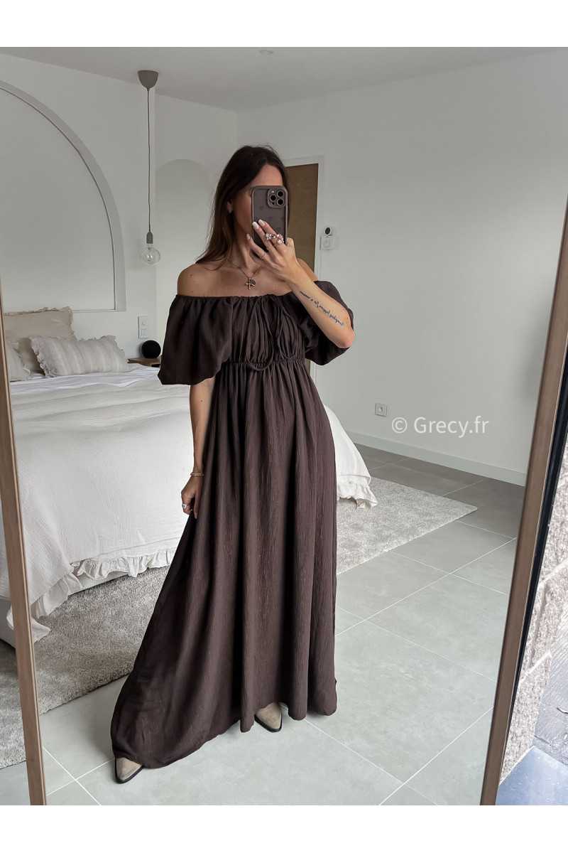Robe longue marron chocolat manches ballon courtes été printemps 2025 mode grecy tendance look