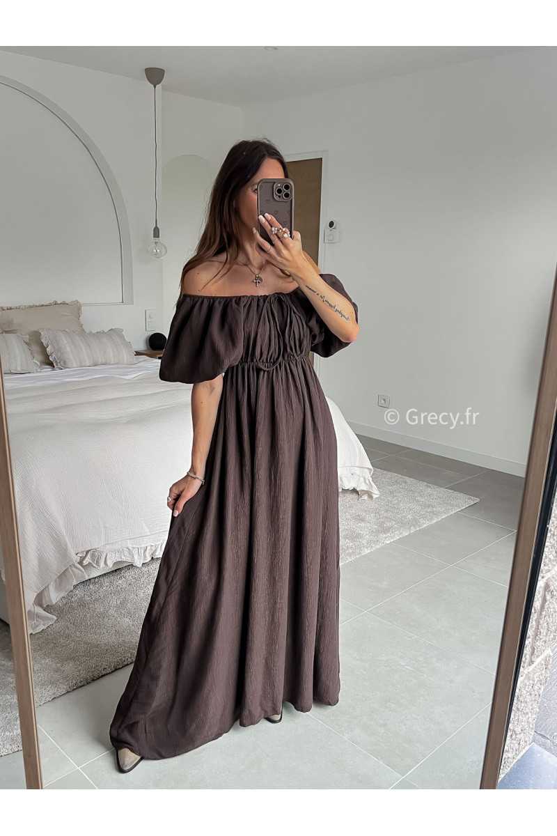 Robe longue marron chocolat manches ballon courtes été printemps 2025 mode grecy tendance look