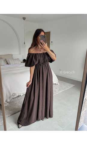 Robe longue marron chocolat manches ballon courtes été printemps 2025 mode grecy tendance look