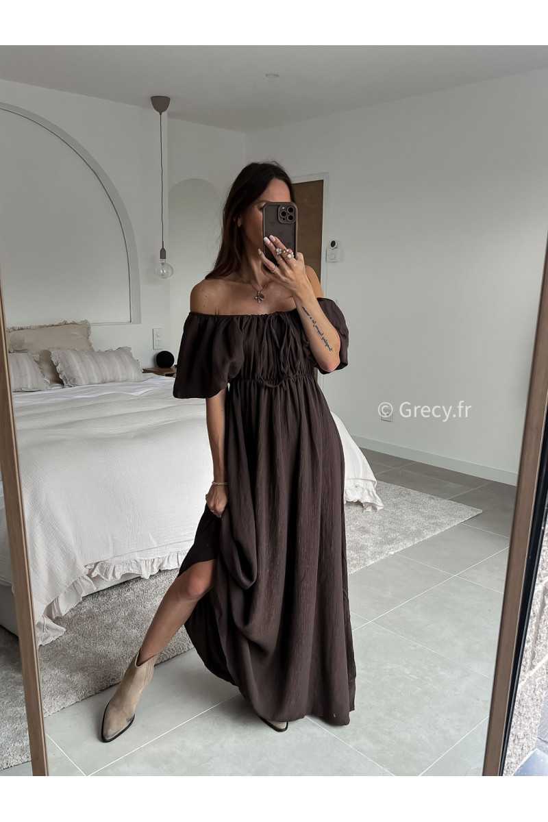 Robe longue marron chocolat manches ballon courtes été printemps 2025 mode grecy tendance look