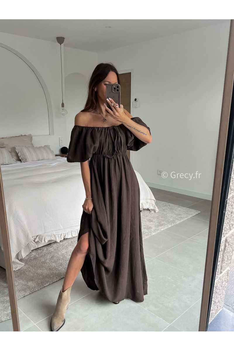 Robe longue marron chocolat manches ballon courtes été printemps 2025 mode grecy tendance look