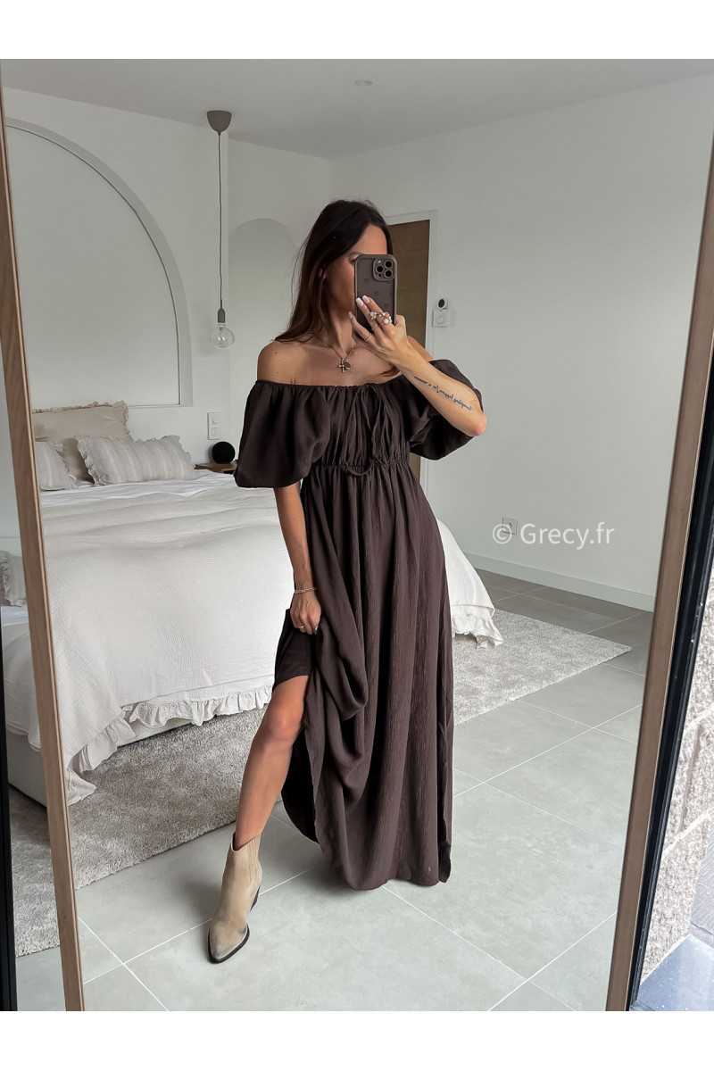 Robe longue marron chocolat manches ballon courtes été printemps 2025 mode grecy tendance look