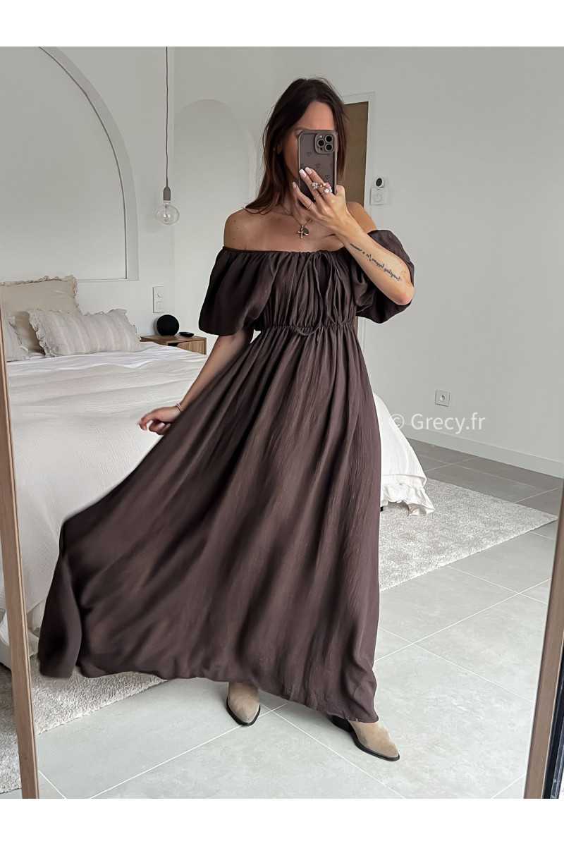 Robe longue marron chocolat manches ballon courtes été printemps 2025 mode grecy tendance look