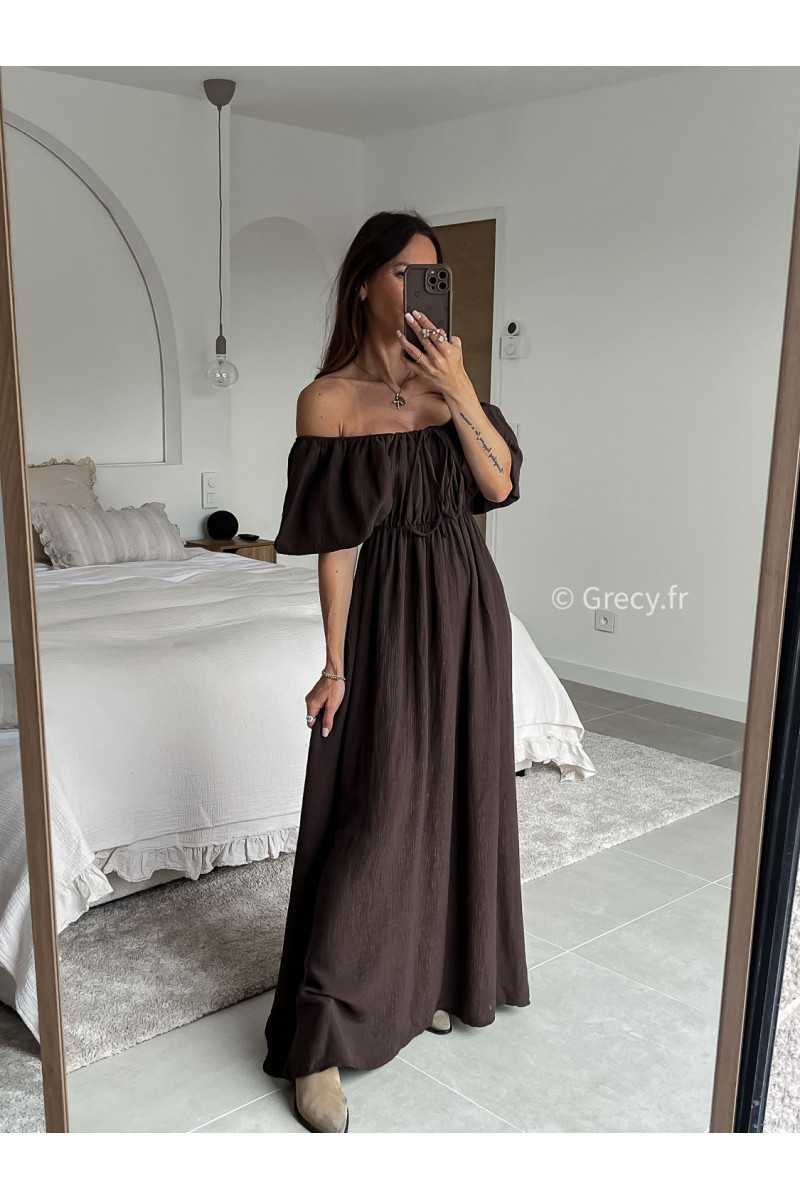 Robe longue marron chocolat manches ballon courtes été printemps 2025 mode grecy tendance look