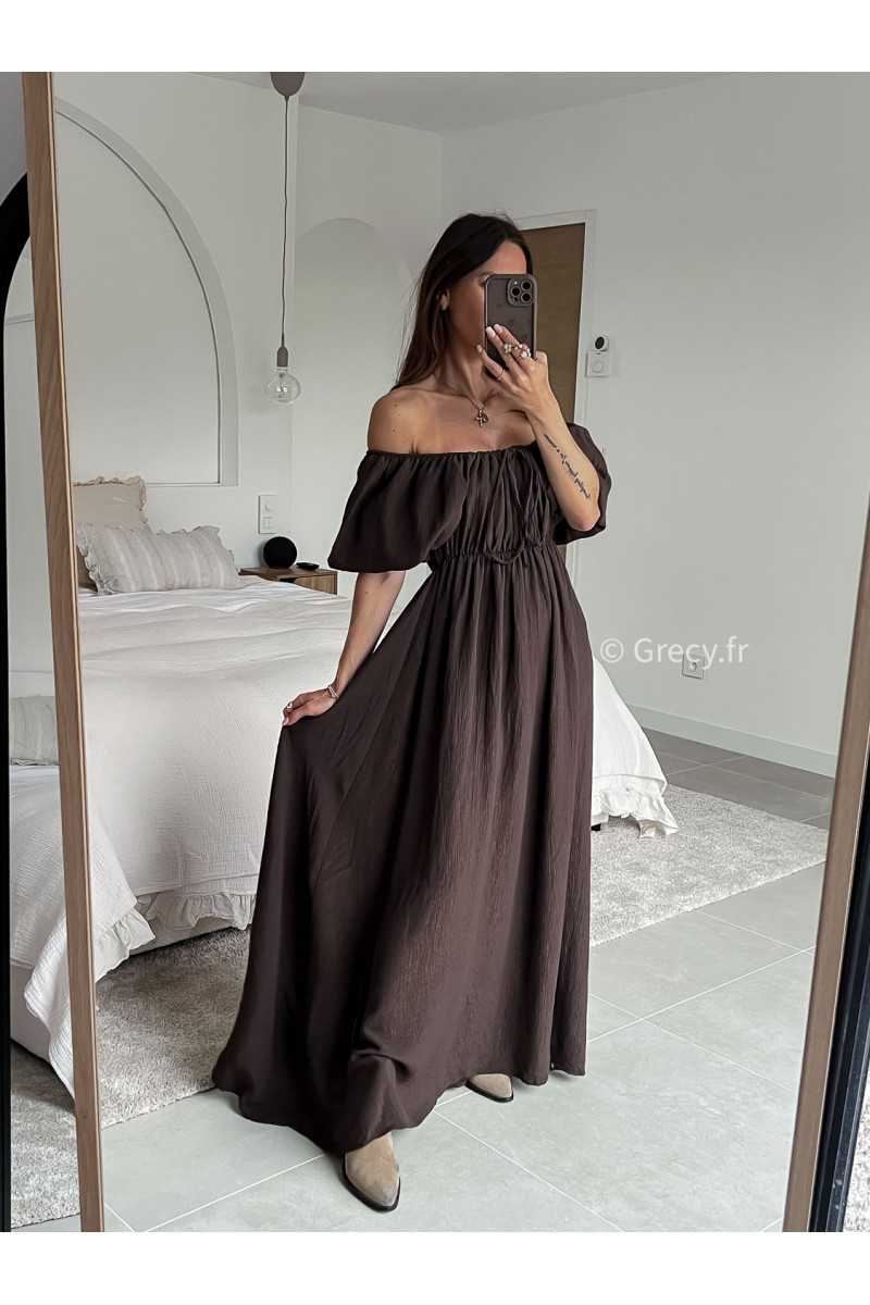 Robe longue marron chocolat manches ballon courtes été printemps 2025 mode grecy tendance look