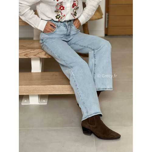 Jean droit bleu clair taille haute grecy mode tendance printemps été 2025 look intemporel