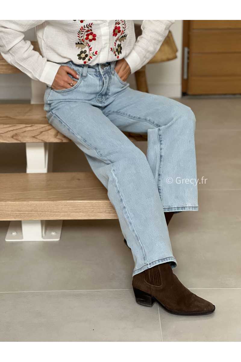 Jean droit bleu clair taille haute grecy mode tendance printemps été 2025 look intemporel
