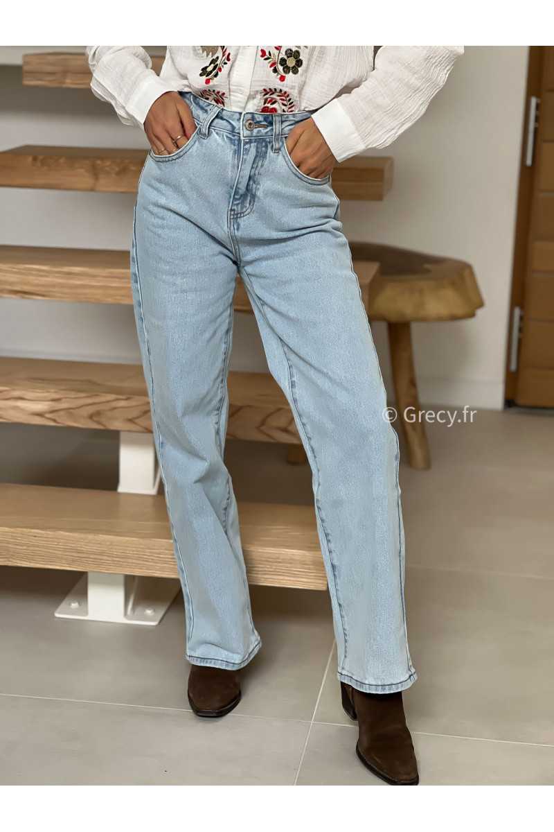 Jean droit bleu clair taille haute grecy mode tendance printemps été 2025 look intemporel