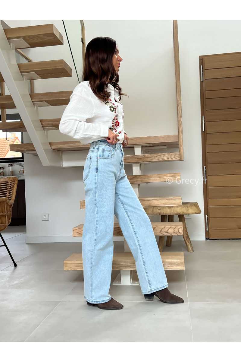 Jean droit bleu clair taille haute grecy mode tendance printemps été 2025 look intemporel