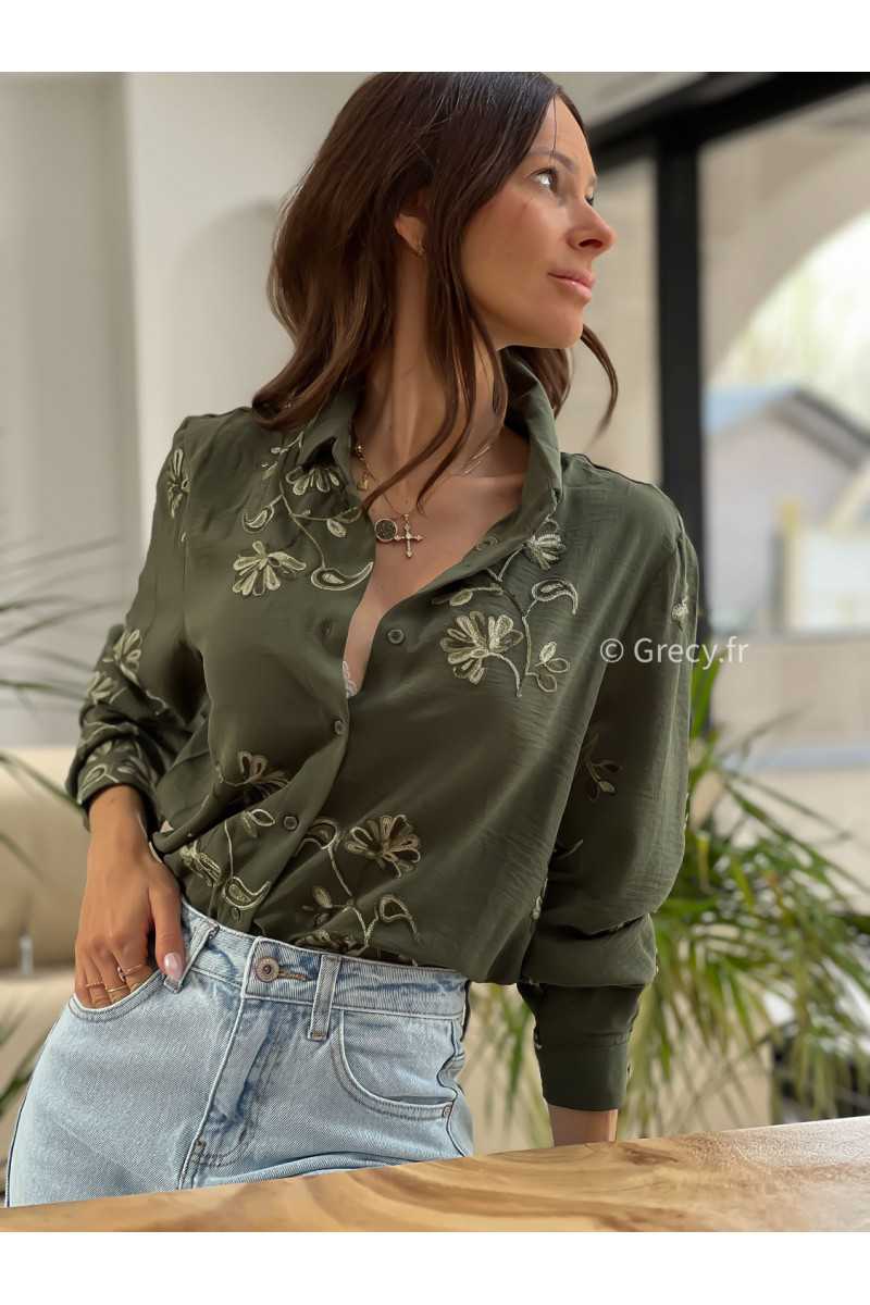 Chemise kaki broderies grecy mode tendance printemps été 2025 look intemporel