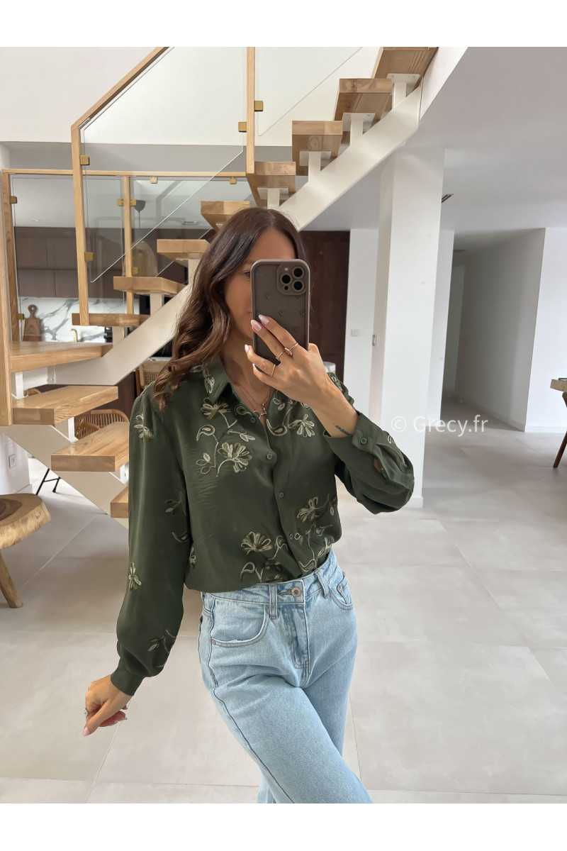 Chemise kaki broderies grecy mode tendance printemps été 2025 look intemporel