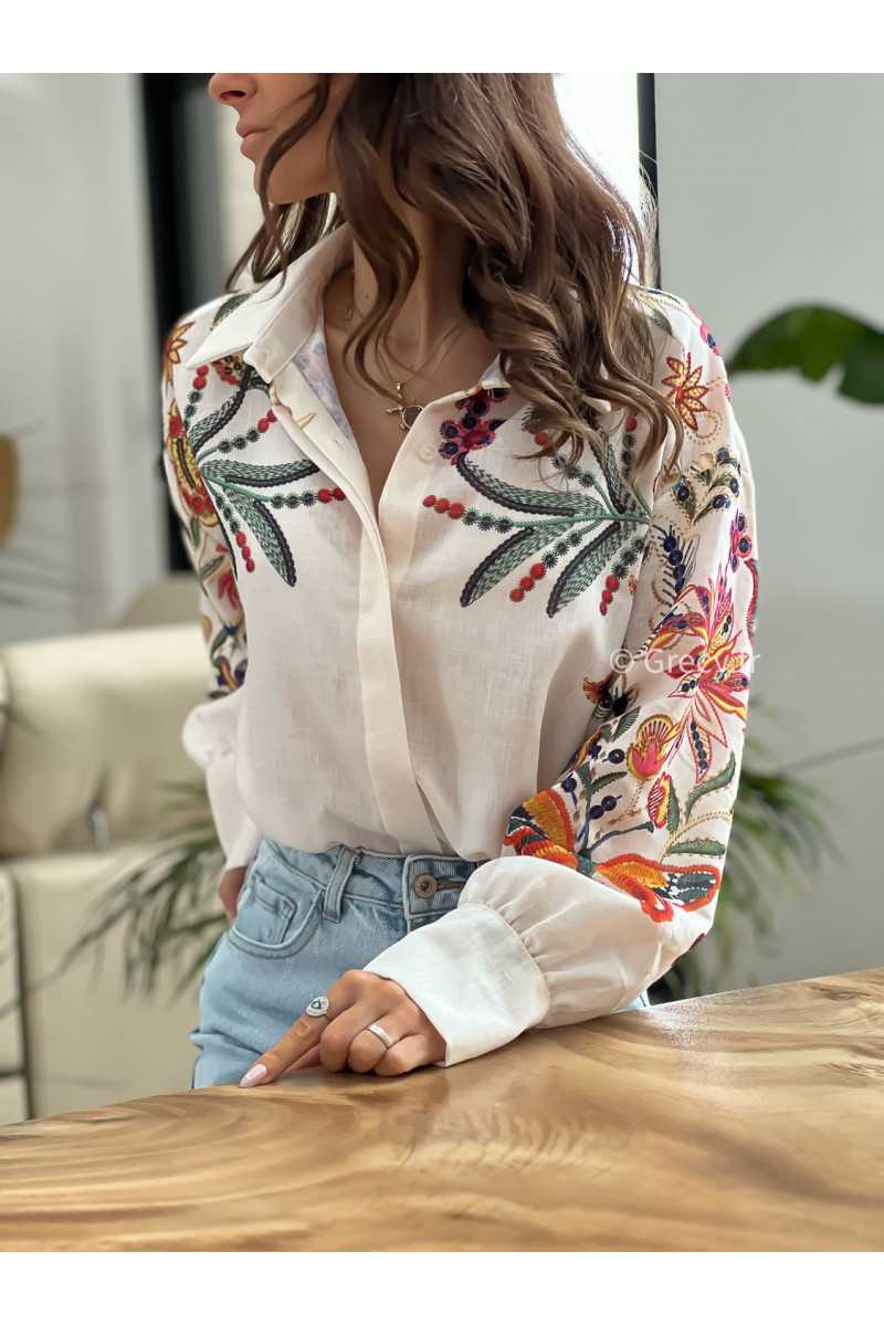 Chemise blanche oversize fleurs fleuri colorés grecy mode tendance printemps été 2025 look intemporel