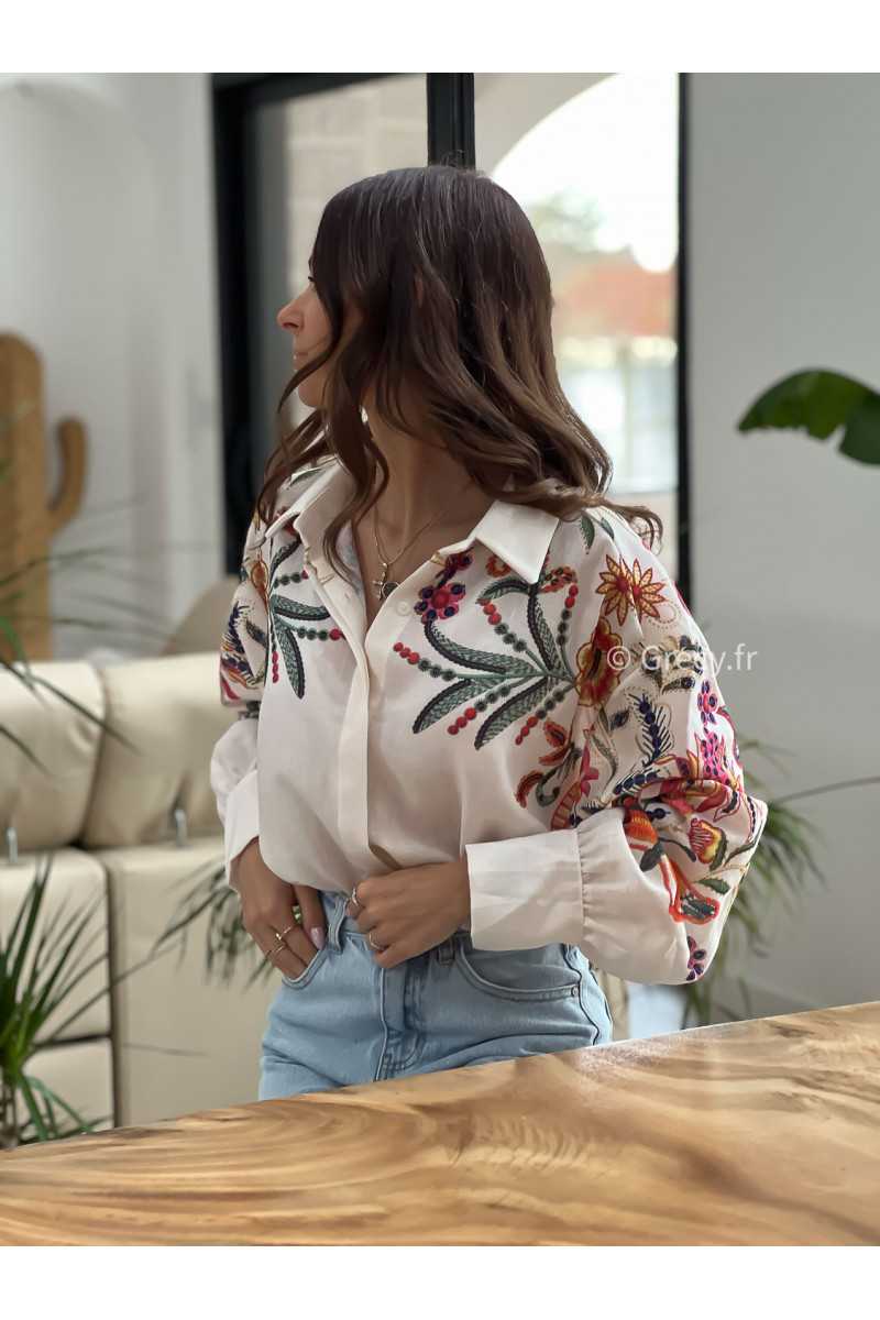 Chemise blanche oversize fleurs fleuri colorés grecy mode tendance printemps été 2025 look intemporel