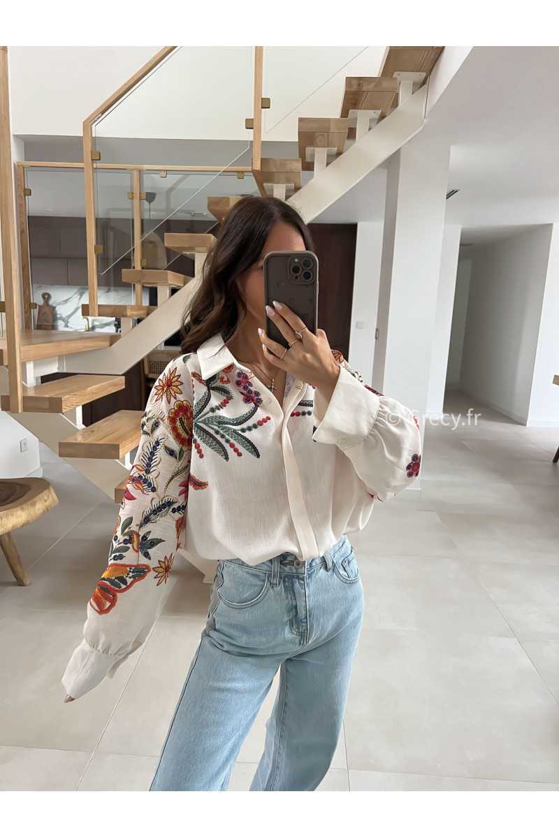 Chemise blanche oversize fleurs fleuri colorés grecy mode tendance printemps été 2025 look intemporel