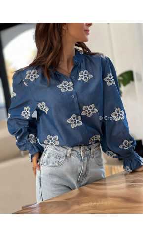 Chemise marine broderies jean Denim grecy mode tendance printemps été 2025 look intemporel