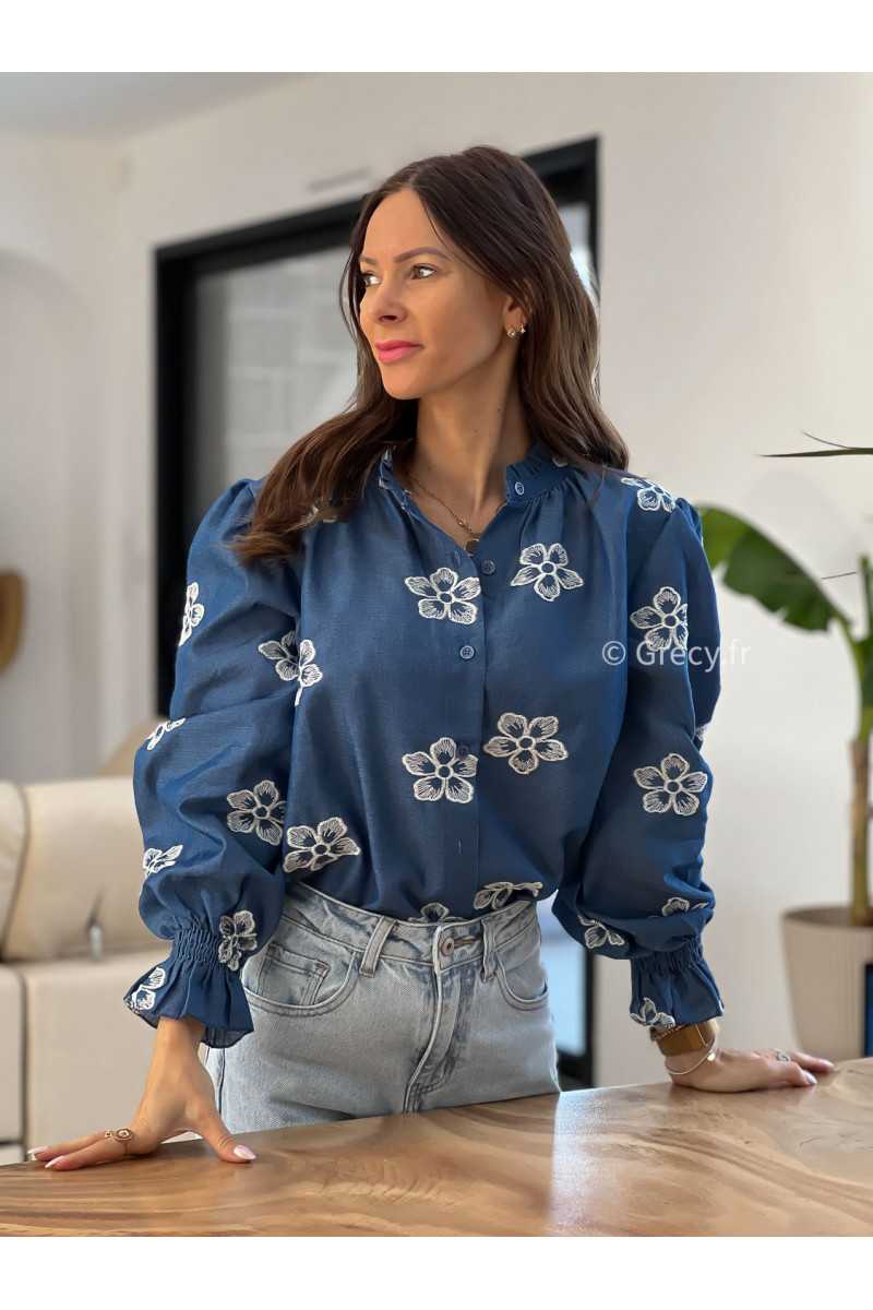 Chemise marine broderies jean Denim grecy mode tendance printemps été 2025 look intemporel