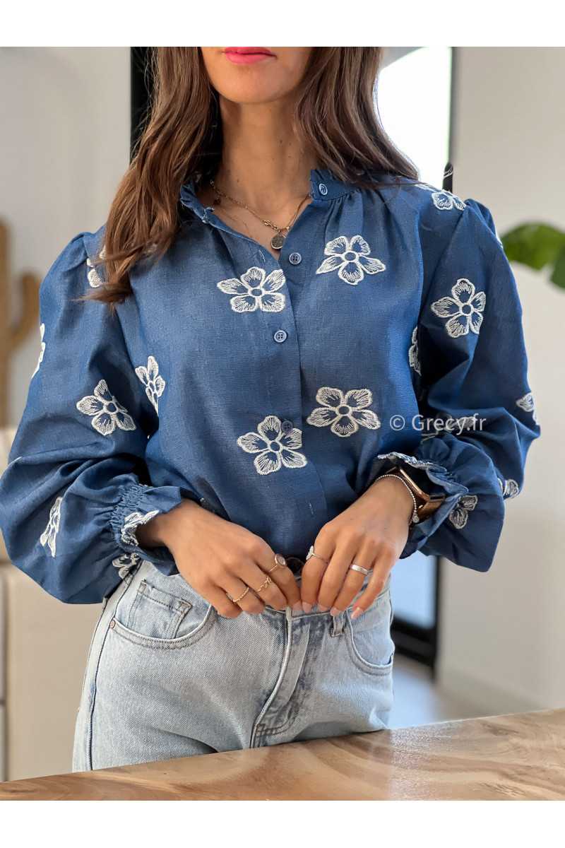 Chemise marine broderies jean Denim grecy mode tendance printemps été 2025 look intemporel