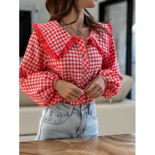 chemise vichy carreaux rouge blanc col claudine broderies dentelles été printemps 2025 mode grecy tendance look