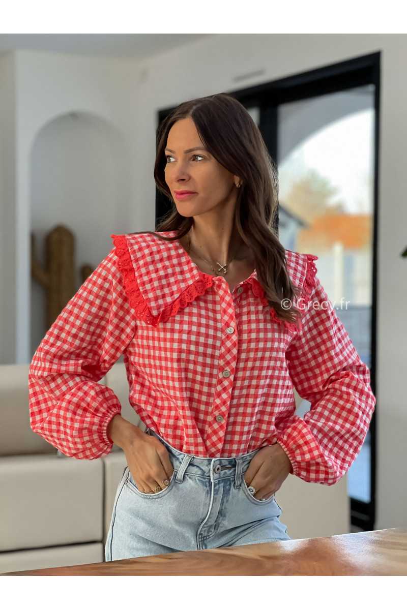 chemise vichy carreaux rouge blanc col claudine broderies dentelles été printemps 2025 mode grecy tendance look