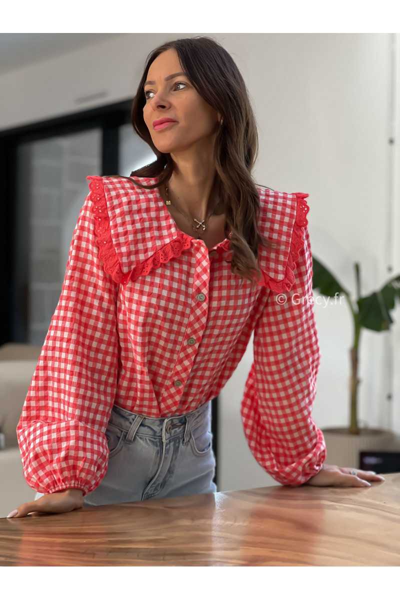 chemise vichy carreaux rouge blanc col claudine broderies dentelles été printemps 2025 mode grecy tendance look