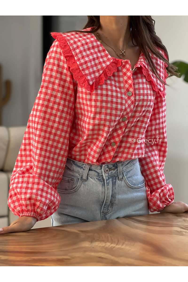 chemise vichy carreaux rouge blanc col claudine broderies dentelles été printemps 2025 mode grecy tendance look