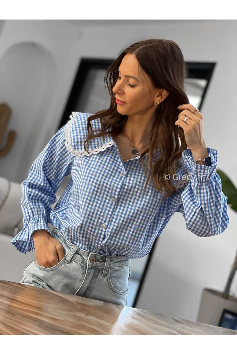 chemise vichy carreaux bleu blanc col claudine broderies dentelles été printemps 2025 mode grecy tendance look