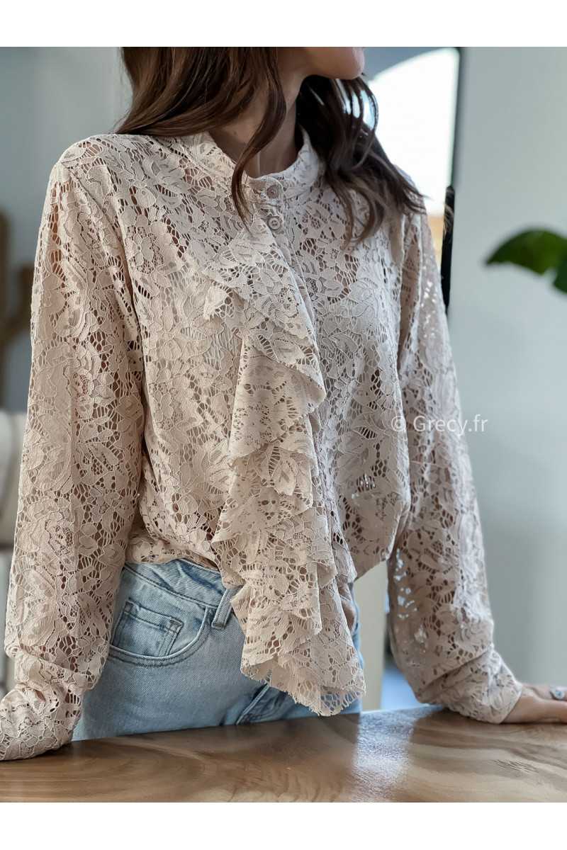 Chemise dentelles beige manches longues grecy mode look printemps été 2025 tendance