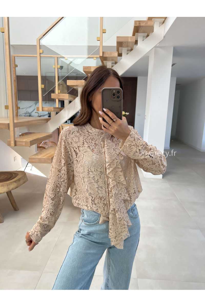 Chemise dentelles beige manches longues grecy mode look printemps été 2025 tendance