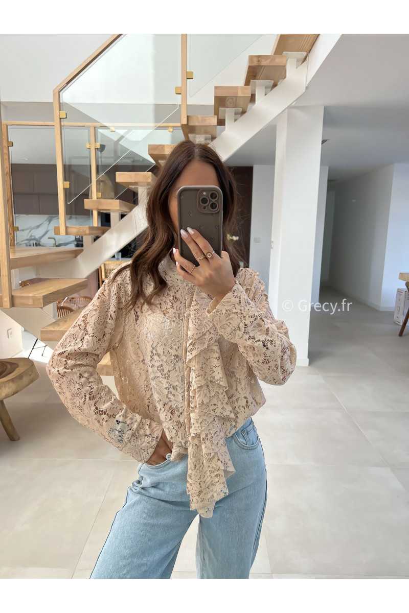 Chemise dentelles beige manches longues grecy mode look printemps été 2025 tendance