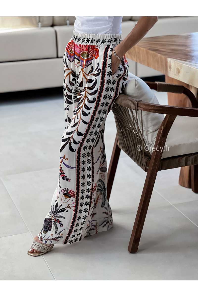 Pantalon fluide exotique large élastique motifs grecy mode look printemps été 2025 tendance