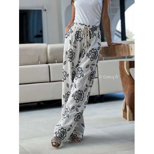 Pantalon lin fleuri broderie grecy mode look printemps été 2025 tendance