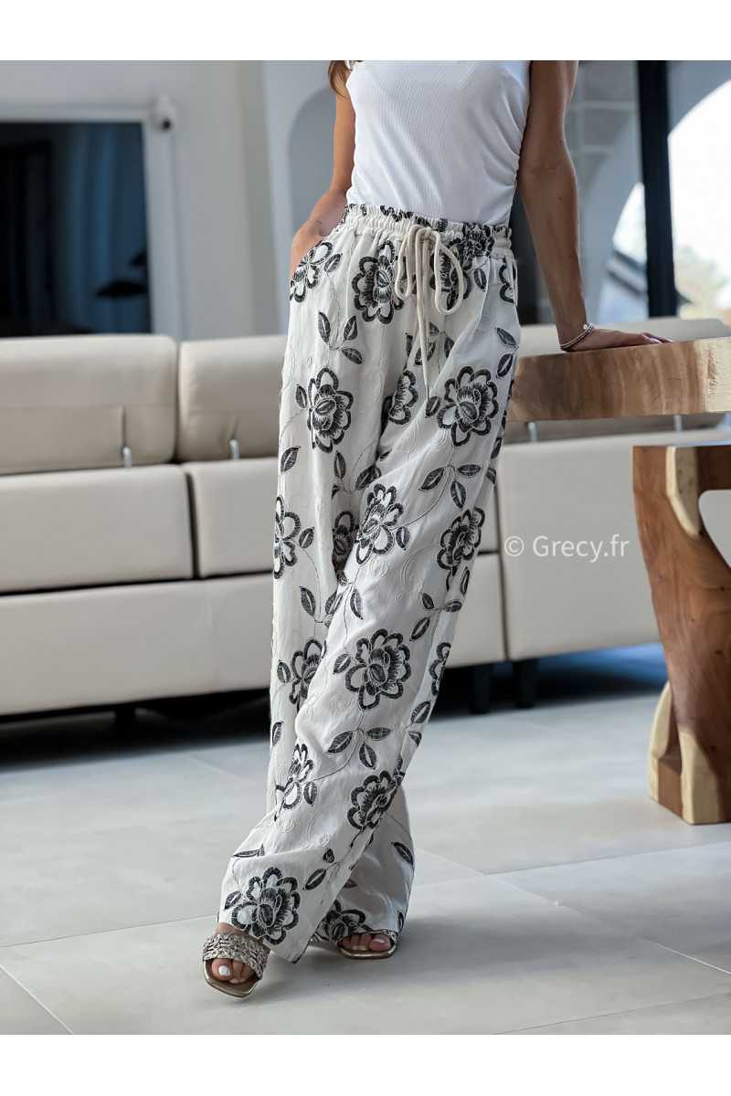Pantalon lin fleuri broderie grecy mode look printemps été 2025 tendance