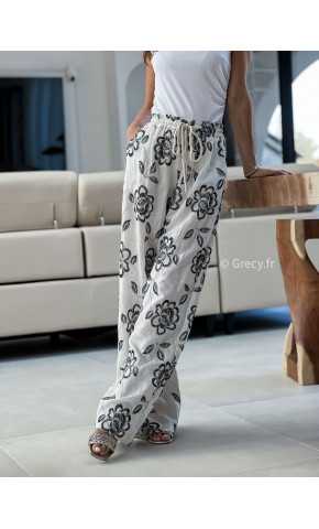 Pantalon lin fleuri broderie grecy mode look printemps été 2025 tendance
