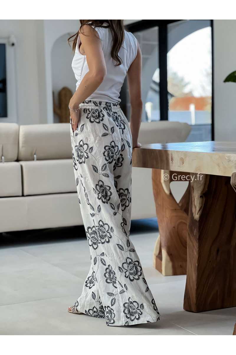 Pantalon lin fleuri broderie grecy mode look printemps été 2025 tendance