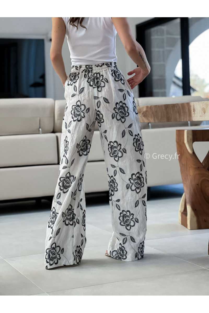 Pantalon lin fleuri broderie grecy mode look printemps été 2025 tendance
