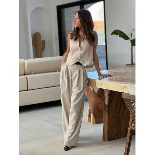 pantalon tailleur beige grecy mode look printemps été 2025 tendance