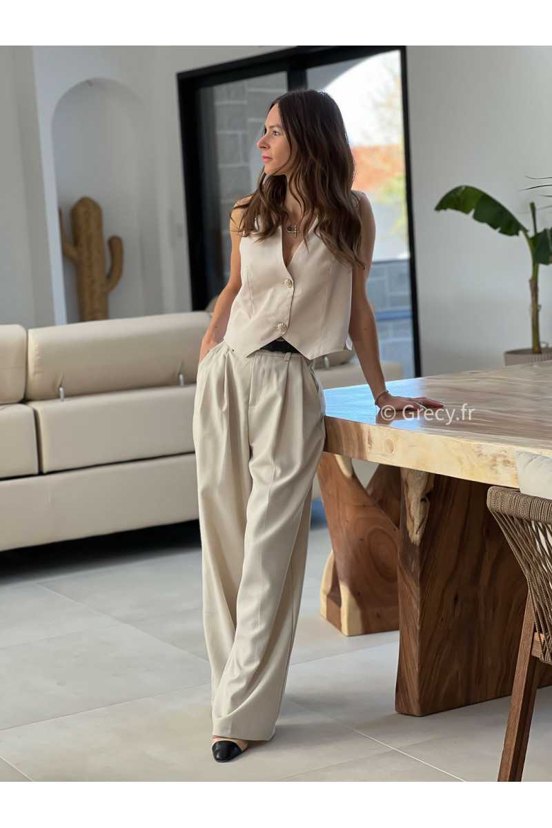 pantalon tailleur beige grecy mode look printemps été 2025 tendance