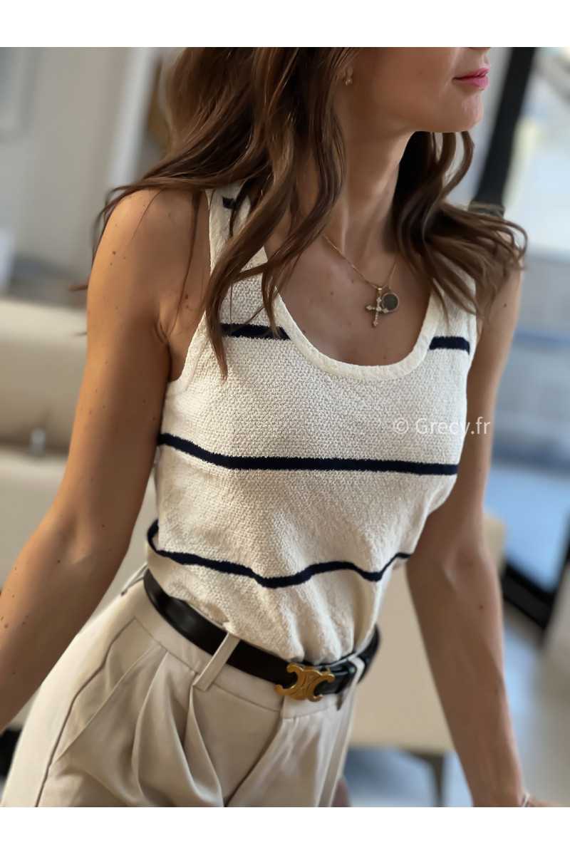 Débardeur maille rayures grecy mode look printemps été 2025 tendance